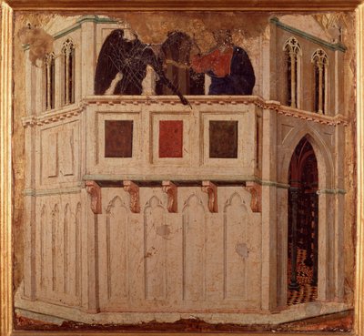 Kuszenie w świątyni. Ołtarz (tempera i złoto na drewnie) autorstwa Duccio di Buoninsegna