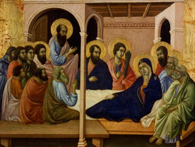 Dziewica żegnająca się z apostołami, fragment z ołtarza Maesty Duccio w katedrze w Sienie autorstwa Duccio di Buoninsegna