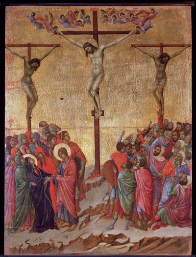 Ukrzyżowanie. Po bokach dobry złodziej (Dismas) i zatwardziały złodziej (Gestas). Ołtarz Maesta (tempera i złoto na drewnie) autorstwa Duccio di Buoninsegna