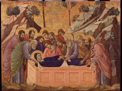 Zaśnięcie dziewicy. Predella Maesty (tempera na drewnie) autorstwa Duccio di Buoninsegna