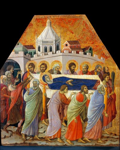Drogę otwiera pogrzeb Matki Boskiej, św. Jana z palmą (tempera na drewnie autorstwa Duccio di Buoninsegna