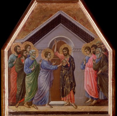 Niedowierzanie św. Tomasza. Ołtarz Maesta - (tempera i złoto na drewnie) autorstwa Duccio di Buoninsegna