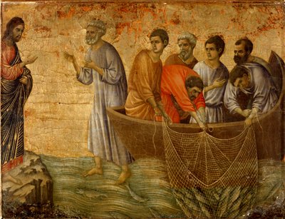Drugi cudowny grzech: objawienie się Chrystusa apostołom nad Jeziorem Tyberiadzkim autorstwa Duccio di Buoninsegna