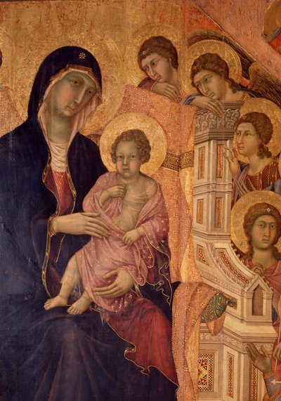 Dziewica z Dzieciątkiem na tronie (ołtarz La Maesta) (tempera i złoto na drewnie) autorstwa Duccio di Buoninsegna