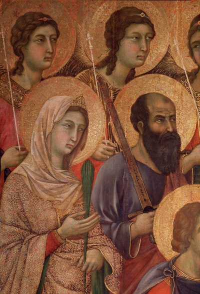 Dziewica z Dzieciątkiem na tronie, detal ze św. Katarzyną Aleksandryjską i św. Pawłem. (La Maesta) (tempera i złoto na drewnie) autorstwa Duccio di Buoninsegna