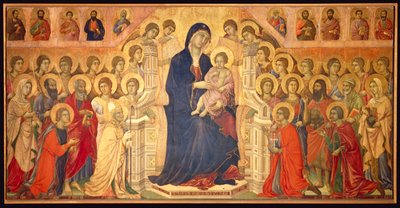 Dziewica na tronie z Dzieciątkiem, otoczona aniołami i świętymi, centralny panel Maesta autorstwa Duccio di Buoninsegna