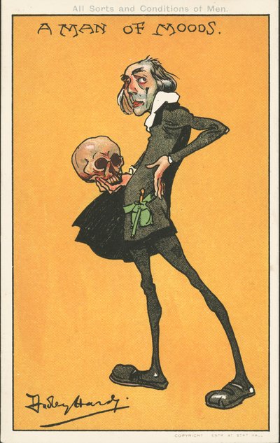 Człowiek nastrojów: postać Szekspira, Hamlet, z czaszką Yoricka (kolor lito) autorstwa Dudley Hardy