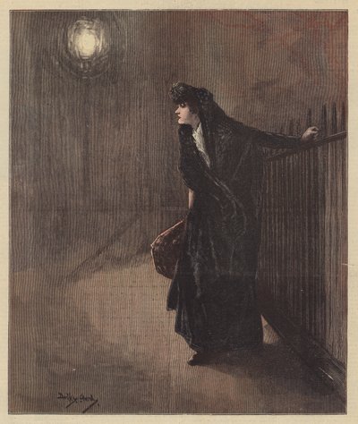 Carrie zadrżała, gdy przywarła do oszronionej balustrady (kolor lito) autorstwa Dudley Hardy