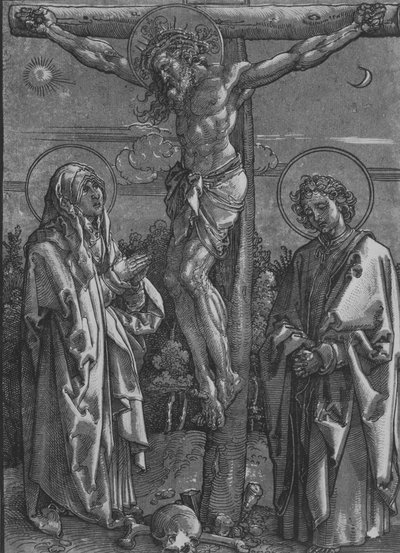 Chrystus na krzyżu z Dziewicą i św. Janem, 1500-1550. autorstwa Dürer School.