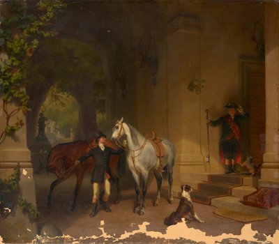Jeźdźcy z dwoma końmi przed zamkiem autorstwa Düsseldorfer Maler um 1850
