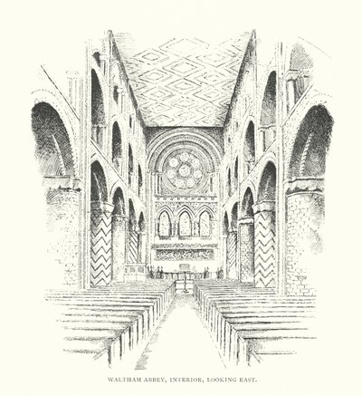 Waltham Abbey, Wnętrze, patrząc na wschód (litografia) autorstwa Duncan Moul