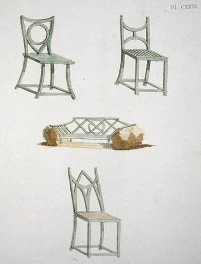 Kolekcja siedzeń z „Magazine of Garden Gems” G. van Laara, wydana 1802 (kolor lito) autorstwa Dutch School