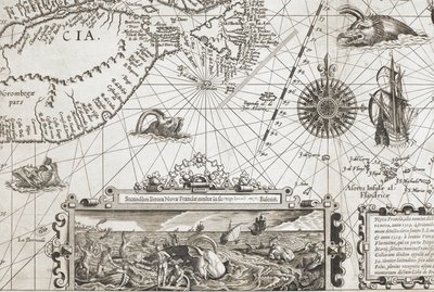 Fragment dwóch staromodnych, przypominających wieloryby potworów morskich i wstawka z bardziej realistycznymi wielorybami, z „Nova Francia, alio nomine dicta Terranova, anno 1504…” autorstwa Dutch School