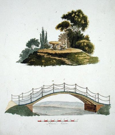 Rustykalne krzesło i stół oraz ozdobny most z „Magazine of Garden Gems” G. van Laara, wydane w 1802 r. autorstwa Dutch School