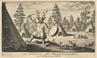 Szaman w nakryciu głowy z poroża renifera, w syberyjskiej wiosce, wydany w Amsterdamie autorstwa Dutch School