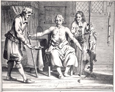 Transfuzja krwi psa z Armamentarii Chirurgici Johannesa Schultesa (1595-1645) opublikowanej w Amsterdamie, 1671 autorstwa Dutch School