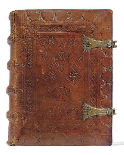 Godzinki i Modlitewnik w języku niderlandzkim, Dolna Nadrenia, Emmerich, Kleve, ok. 1480 (tusz i pigment na welinie i papierze, oprawiony w skórę cielęcą na deskach z metalowymi klamrami) autorstwa Dutch School