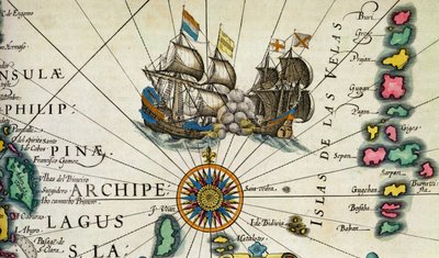 C.3.c.8 Okręty bojowe u wybrzeży Filipin, szczegół ze s. 361-2 (Wyspy Wschodnioindyjskie), „Atlas...” Mercatora autorstwa Dutch School