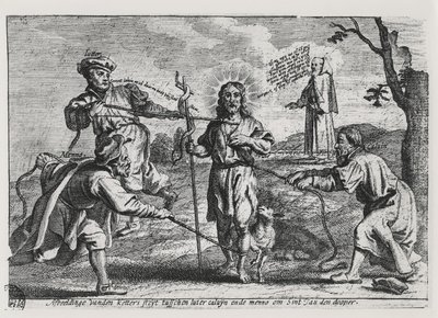 Karykatura Lutra, Kalwina i Menno Simonsa dyskutujących o Chrystusie i jego nauczaniu autorstwa Dutch School