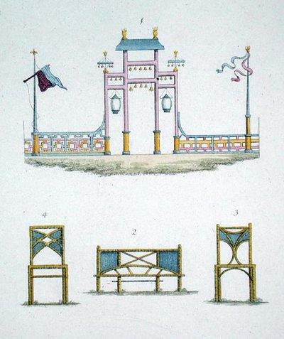 Chińska brama i krzesła ogrodowe, z „Magazine of Garden Gems” G. van Laara, opublikowane 1802 (kolor lito) autorstwa Dutch School