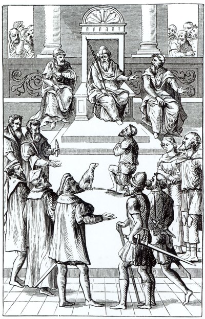 Spowiedź za zadośćuczynienie przed trybunałem, po drzeworycie w Praxis Rerum Criminalium Joosa de Damhoudera (1507–81) opublikowanym w Antwerpii, 1556 autorstwa Dutch School