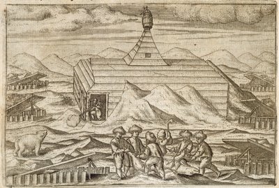 Zabijanie i skórowanie niedźwiedzi przez załogę, na zewnątrz kabiny, w której ekspedycja zimowała, ilustracja z „Diarium Nauticum, seu vera descriptio trium navigationum admirandarum…” autorstwa Gerrita de Veera autorstwa Dutch School