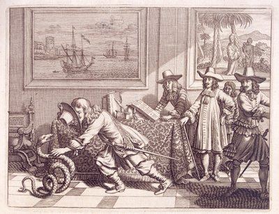 Radzenie sobie z kobrą, która zaatakowała holenderskie pokoje oficerskie, 1672 autorstwa Dutch School