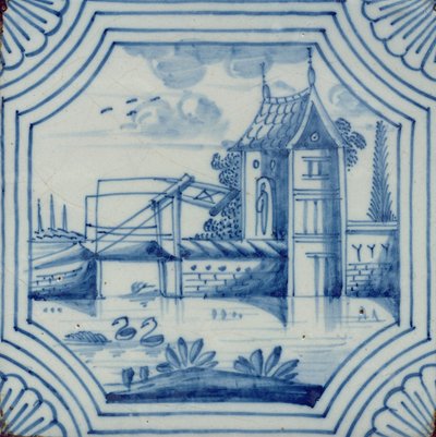 Kafelek Delft przedstawiający most zwodzony nad kanałem, XIX w. autorstwa Dutch School