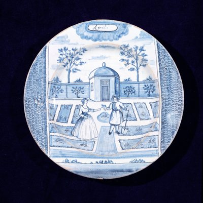 Tabliczka Delftware przedstawiająca miesiąc kwiecień (ceramika glazurowana cyną) autorstwa Dutch School