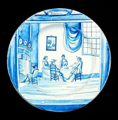 Tabliczka Delftware przedstawiająca miesiąc luty (ceramika glazurowana cyną) autorstwa Dutch School