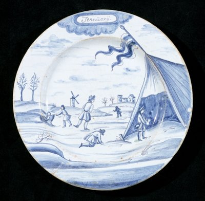 Tabliczka Delftware przedstawiająca miesiąc styczeń (ceramika glazurowana cyną) autorstwa Dutch School