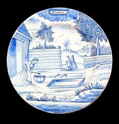 Tabliczka Delftware przedstawiająca miesiąc listopad (ceramika glazurowana cyną) autorstwa Dutch School
