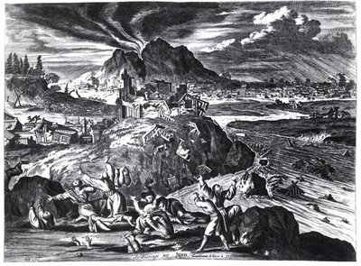 Trzęsienie ziemi w Edo (Tokio) w 1659, ilustracja z relacji Arnolda Montanusa z ambasad wysłanych przez Holenderską Kompanię Wschodnioindyjską do cesarza Japonii, opublikowana w Amsterdamie 1669 ( autorstwa Dutch School