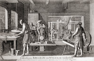 Fabryka Abrahama van Wylicka, Amsterdamski Przemysł Jedwabniczy, z "Geschiedenis van Nederland", wyd. 1936 (litografia) autorstwa Dutch School
