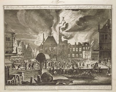 Pożar starego ratusza w Amsterdamie, 17 lipca 1652, z książki o gaszeniu pożarów w Holandii, wydanej ok. 1700 autorstwa Dutch School