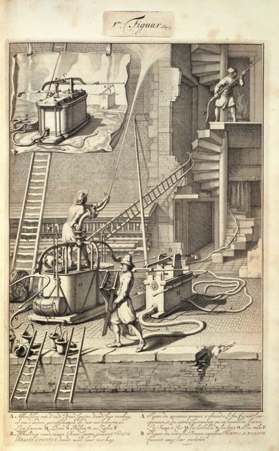 Firefighting Machinery, z książki o pożarach w Holandii, opublikowanej ok. 1700 autorstwa Dutch School
