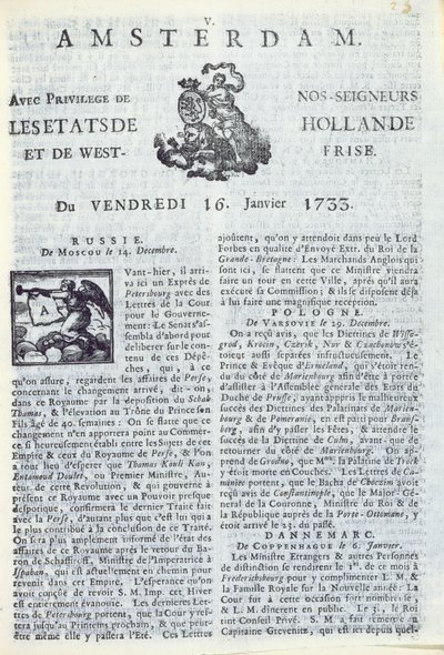 Strona tytułowa La Gazette dAmsterdam, 16 stycznia 1733 (papier drukowany) autorstwa Dutch School