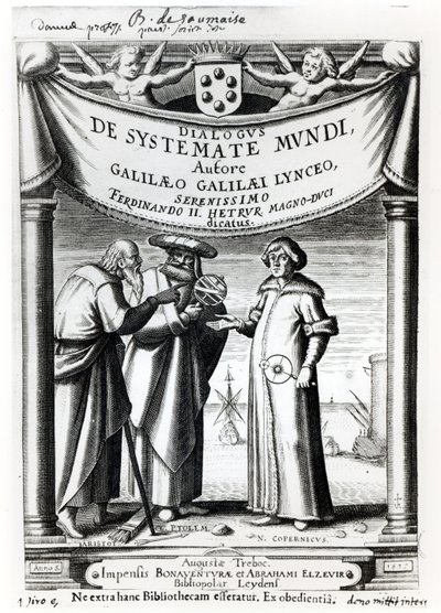 Frontyspis Dialogus De Systemate Mundi Galileusza (1564-1642), opublikowany w Leyden 1635 autorstwa Dutch School