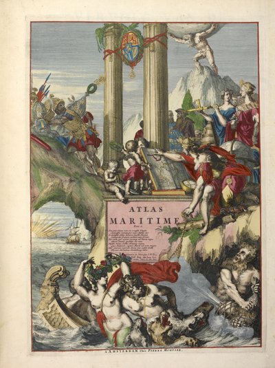 Frontyspis z „De Fransche Neptunus and Atlas Maritime and Suite du Neptune François” Charlesa Pene i Pietera Mortiera (kolorowa grawerunek) autorstwa Dutch School