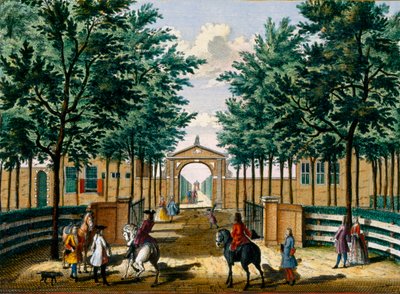 Ogrody pałacu rozkoszy Francois van Haringkaspel, z Het Zeganpralent Kennemerlant autorstwa Hendricka de Letha i Matthiasa Broueriusa Van Nidka, opublikowane ok. 1700-1730 autorstwa Dutch School