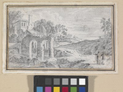 Włoski pejzaż z ruinami (czarna kreda na białawym papierze) autorstwa Dutch School