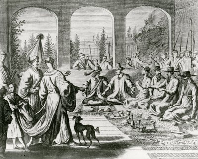 Jezuici z kupcami holenderskimi i portugalskimi na dworze japońskim, ok. 1670 (rycina) autorstwa Dutch School