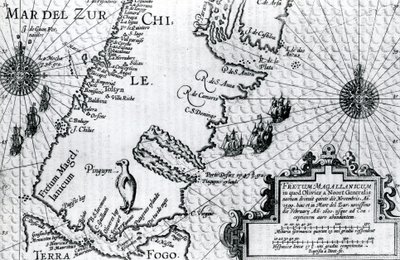 Mapa cieśniny Magellana, tablica z opisu podróży Olivera van Noortsa, 1602 autorstwa Dutch School
