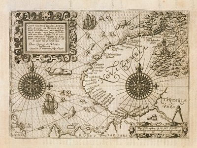 Mapa nowo odkrytej Nova Zembla, ilustracja z Diarium Nauticum, czyli prawdziwy opis trzech godnych podziwu rejsów... autorstwa Dutch School