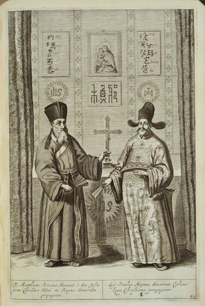 Matteo Ricci (1552-1610) i Paulus Li, z Chin Ilustrowany przez Athanasius Kircher (1601-80) 1667 autorstwa Dutch School
