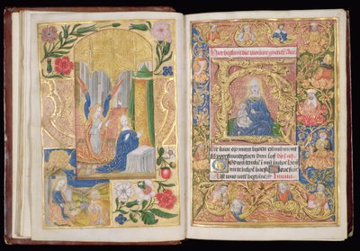 Ms 144, ff.13v-14r: Zwiastowanie i Dziewica z Dzieciątkiem, miniatury z Księgi Godzin, Korzystanie z Utrechtu, ok. 1500-20 (złoty liść i złoty i kolorowy tusz na pergaminie) autorstwa Dutch School