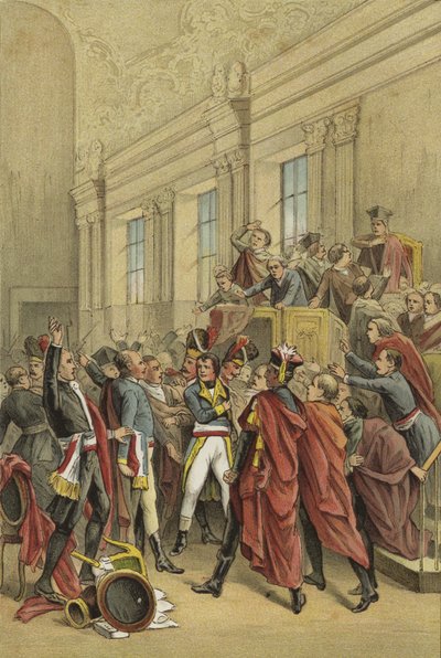 Napoleon eksmitujący Radę Pięciuset z jej komnat, zamach stanu 18 Brumaire, 1799 autorstwa Dutch School