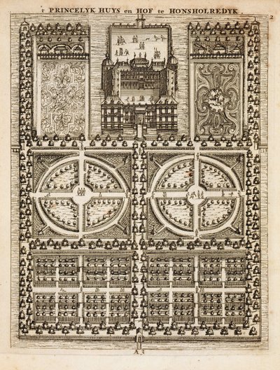 Pałac Honsholredyk, z „Holenderskiego Ogrodnika” Johanna van der Groena, opublikowany 1699 autorstwa Dutch School