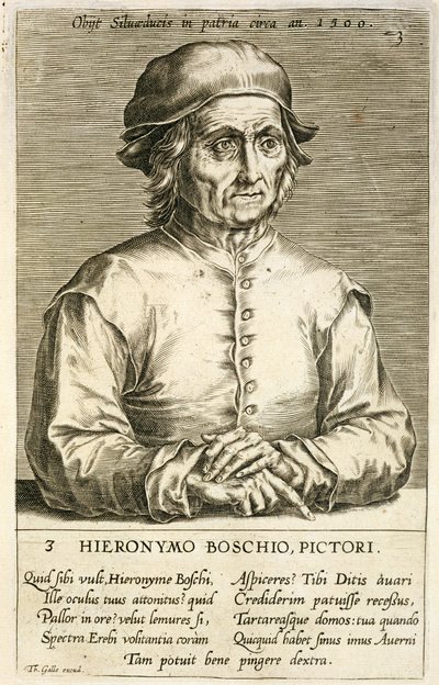 Portret Hieronima Boscha (ok.1450-1516) płyta 3 z serii portretów artystów, rytowany przez Theodora Galle (1571-1633) autorstwa Dutch School