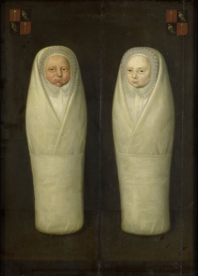 Portret bliźniaków w powijakach: wcześnie zmarłe dzieci Jacoba de Graeffa i Aeltge Boelens, ok. 1617 autorstwa Dutch School